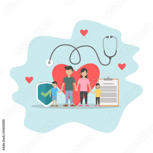 family health insurance illustration, flat design vector, insuring family life or family safety with a doctor's tool stethoscope
