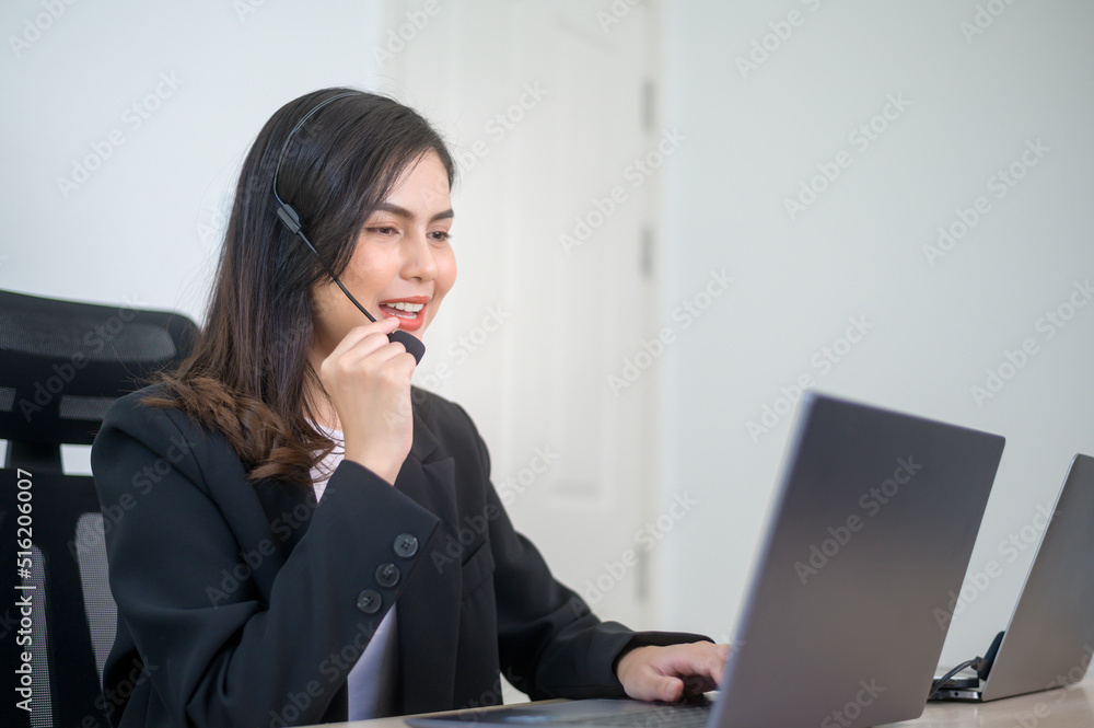 Female call center agent with headset consulting clients online, customer service and customer support operator concept Female call center agent with headset consulting clients online, customer service and customer support operator concept