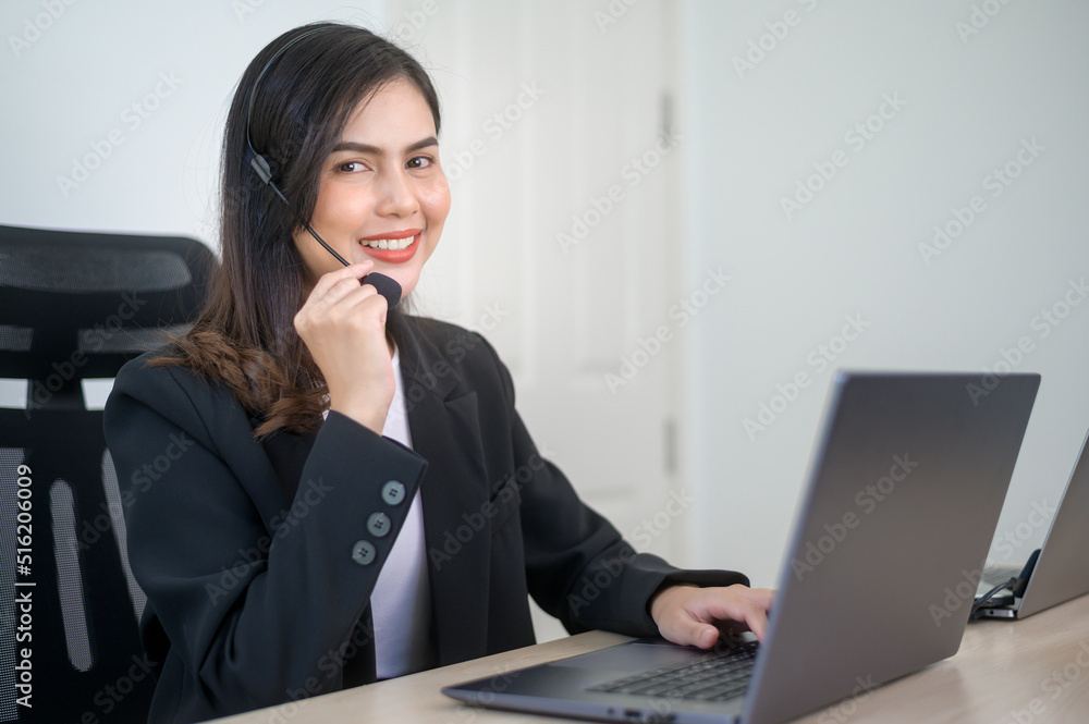 Female call center agent with headset consulting clients online, customer service and customer support operator concept Female call center agent with headset consulting clients online, customer service and customer support operator concept