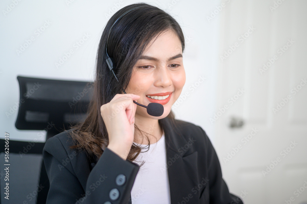 Female call center agent with headset consulting clients online, customer service and customer support operator concept Female call center agent with headset consulting clients online, customer service and customer support operator concept