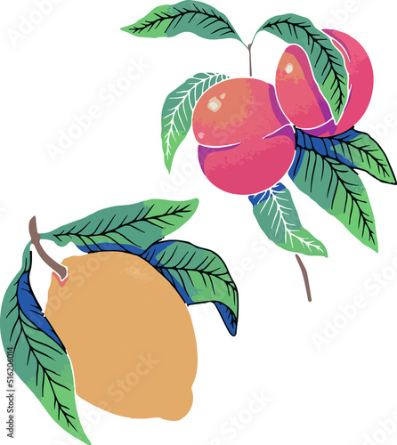   illustration of ripe fruits, delicious peaches and lemon on the branches
