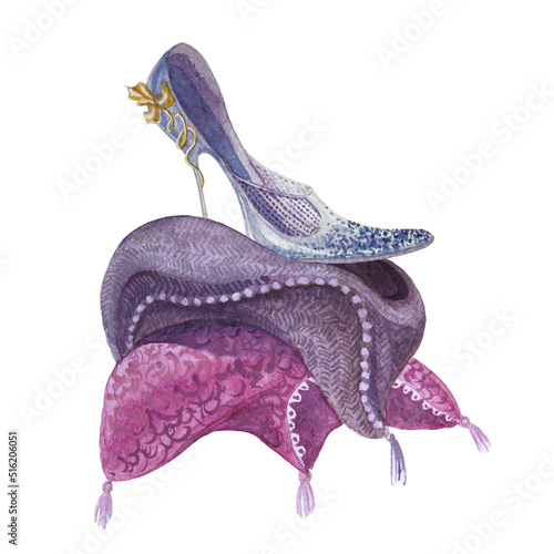Obraz na płótnie A crystal slipper on a cushion watercolor illustration.