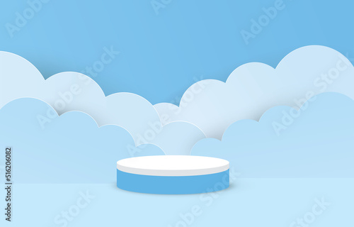 Paper cut of white and blue color cylinder podium for products display presentation on blue background. Podium with space concept background for kids or baby product display. Vector illustration
