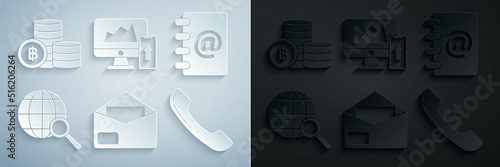 Set Envelope, Address book, Magnifying glass with globe, Telephone handset, Financial chart or graph the computer monitor mobile and Cryptocurrency coin Bitcoin icon. Vector