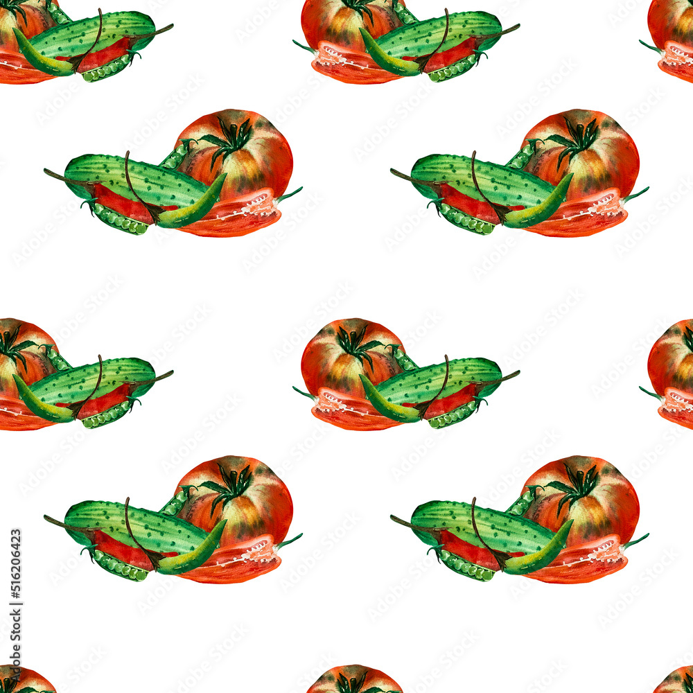 Obraz premium Hand drawn watercolor pattern of vegetables - tomato, cucumber, peppers and pea. isolated. For card design, invitation, scrapbooking, fabric printing