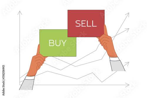 Buying and selling investments concept. Male hands hold buy sell sign banners. Flat vector illustration