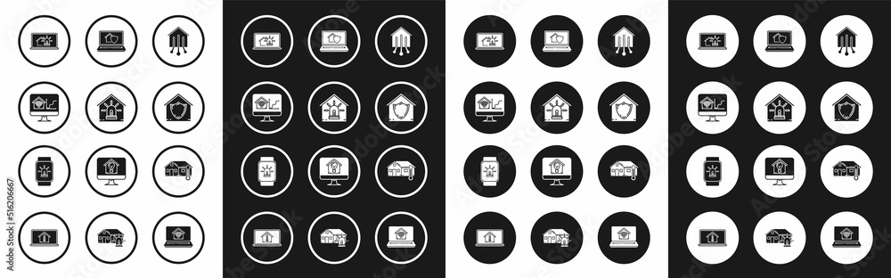 Set Smart home, house and alarm, Computer monitor with smart with wi-fi, Laptop, House under protection, temperature and watch icon. Vector Set Smart home, house and alarm, Computer monitor with smart with wi-fi, Laptop, House under protection, temperature and watch icon. Vector