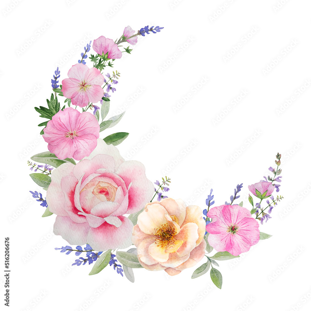 Watercolor delicate composition with wild roses and herbs. Pink flowers and sage leaves create gentle composition in shabby chic or romantic style. For wedding invitation or greeting cards 