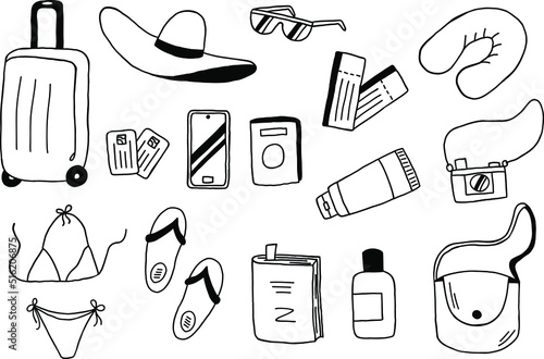Set of travel doodle tourism and summer adventure icons hand drawn vector illustration isolated.