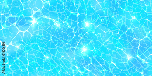 Endless ocean surface top view seamless texture with sunlight glare reflect  caustic ripples and waves. Clear blue water pattern. Bright vector summer time background.