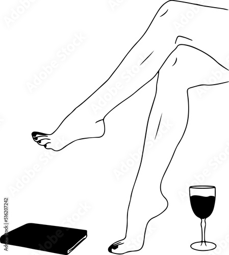 vector illustration of female bare feet  and wine glass