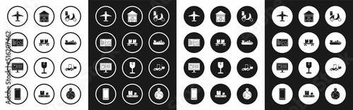 Set Scooter delivery, Railway carriage, Postcard, Plane, Cargo ship with boxes service, Warehouse, Forklift truck and Computer monitor app tracking icon. Vector