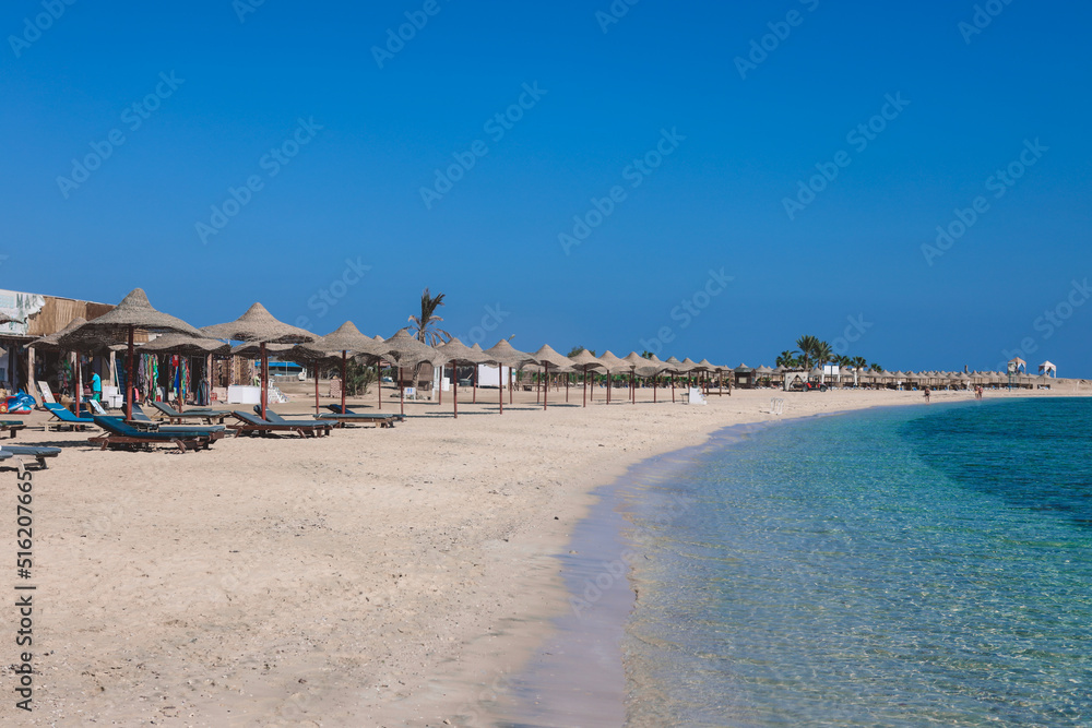 Relaxing and Sandy Coastline of the Red Sea Beach in Marsa Alam city, Egypt