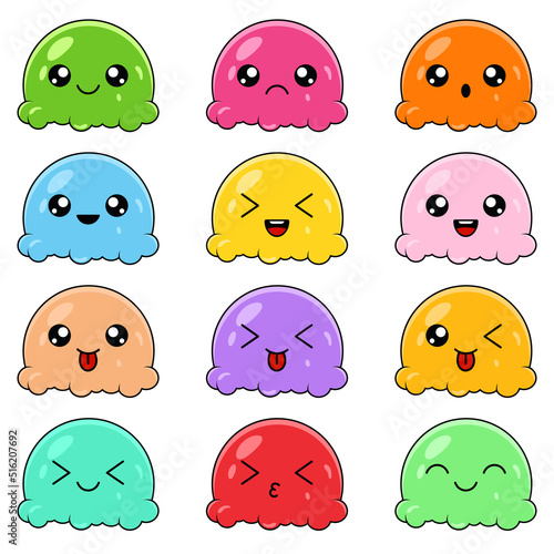 Cute kawaii colored jelly set. Delicious jelly cartoon characters