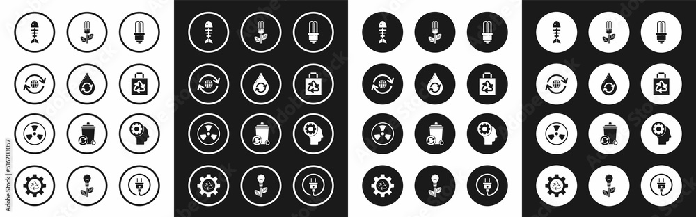 Set LED light bulb, Recycle clean aqua, Planet earth and recycling, Fish skeleton, Paper shopping bag with recycle, Light leaf, Human head gear inside and Radioactive icon. Vector Set LED light bulb, Recycle clean aqua, Planet earth and recycling, Fish skeleton, Paper shopping bag with recycle, Light leaf, Human head gear inside and Radioactive icon. Vector