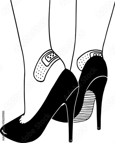    Vector illustration of female legs in high heels and rubbed places sealed with plasters