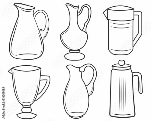 Jugs outline icons isolated on white background. Monochrome vector Illustration.