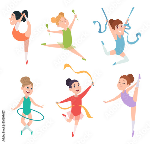 Gymnastics kids. Active style little sport people acrobatic performance exact vector cartoon characters