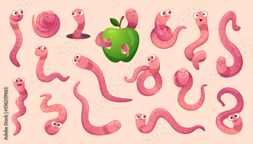 Cartoon worms. Creeping crawlers and bugs with smiling faces exact vector worms collection photo