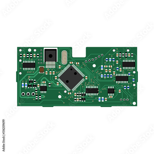 Detailed realistic microcircuit and board. Computer equipment.
