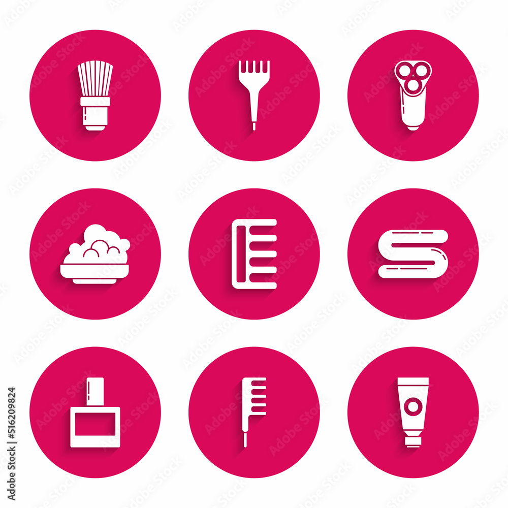 Set Hairbrush, Cream or lotion cosmetic tube, Towel, Aftershave, Shaving gel foam, Electric razor blade for men and icon. Vector Set Hairbrush, Cream or lotion cosmetic tube, Towel, Aftershave, Shaving gel foam, Electric razor blade for men and icon. Vector