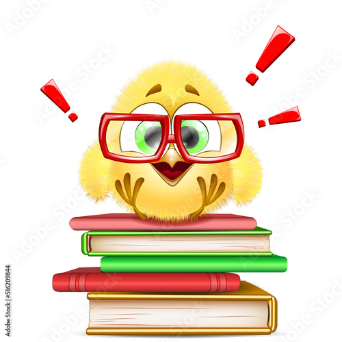 Cute yellow cartoon chick nerd sitting on the books in glasses with exclamation points