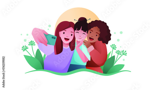 Bright vector illustration, plot, multinational. Three girlfriends take a photo on the phone, the picture is on a white background. The illustration is perfect for web design and banners.