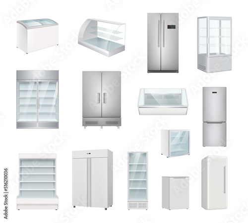 Refrigerators. Industrial and home frozen refrigerators various models decent vector illustrations in realistic style