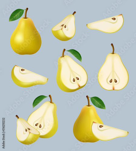 Pear realistic. Sliced helthy fruit diet dessert decent vector garden botanical pears collection