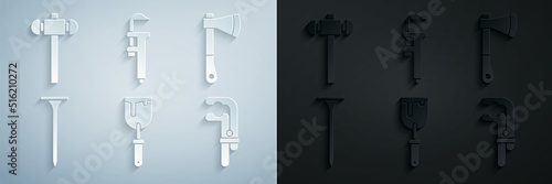 Set Putty knife, Wooden axe, Metallic nail, Clamp tool, Calliper or caliper and scale and Sledgehammer icon. Vector