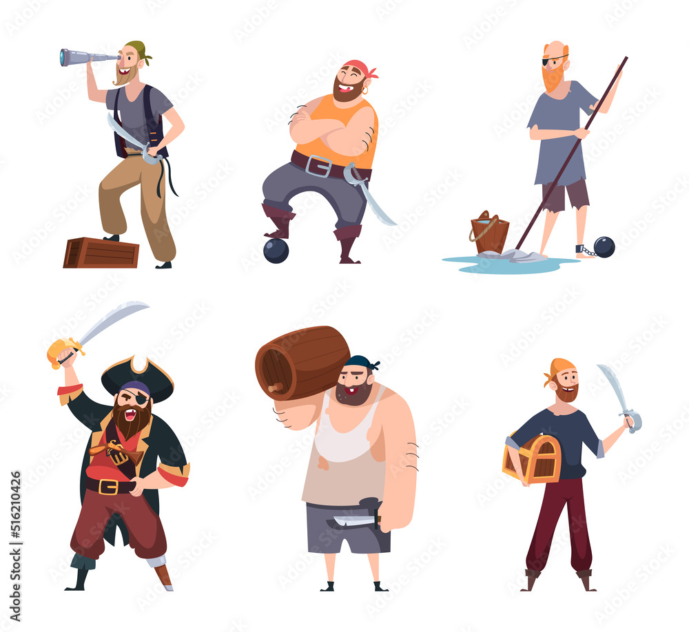Obraz premium Pirates. Vintage aggressive sailors captain jack with rum and weapons exact vector pirate characters in action poses