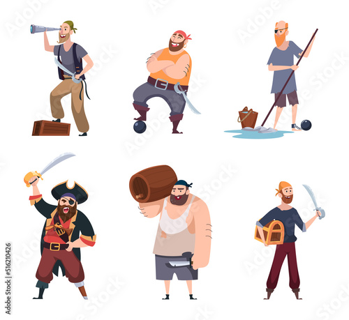 Pirates. Vintage aggressive sailors captain jack with rum and weapons exact vector pirate characters in action poses