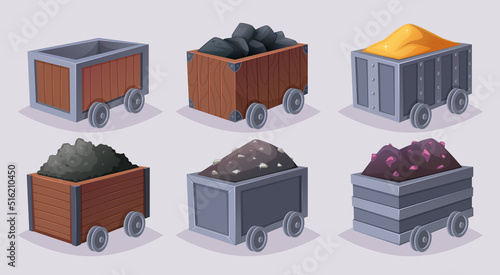 Mining carts. Minerals coal gold precious stones diamonds exact vector mining stuff in cartoon style