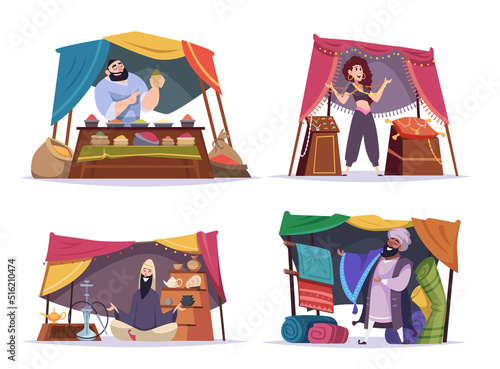 Asian market. Eastern people selling carpet treasures handmade accessory exact vector cartoon characters