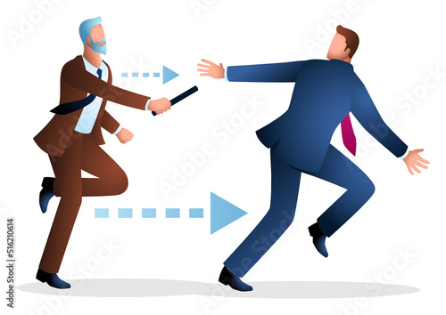 Older businessman passing baton to younger businessman in relay race