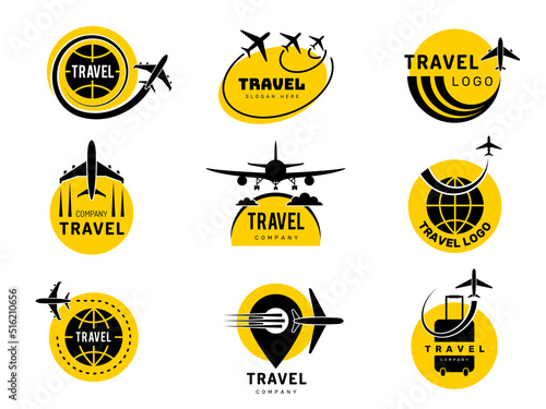 Travel logo. Adventure and exploration world concept identity for tourist agency air trip logotype recent vector templates