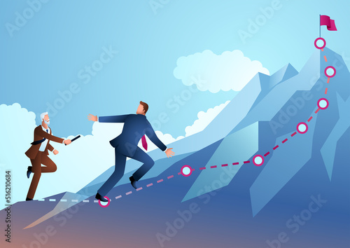 Older businessman passing the baton to younger businessman to continue running up the mountain
