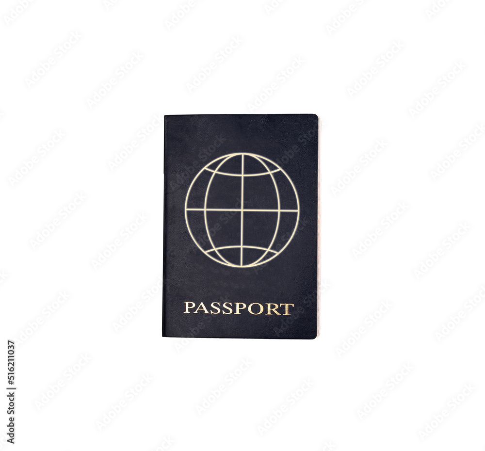 Passport isolated on white background. Official document of personal identity and nationality with globe at cover. High quality photo Passport isolated on white background. Official document of personal identity and nationality with globe at cover. High quality photo