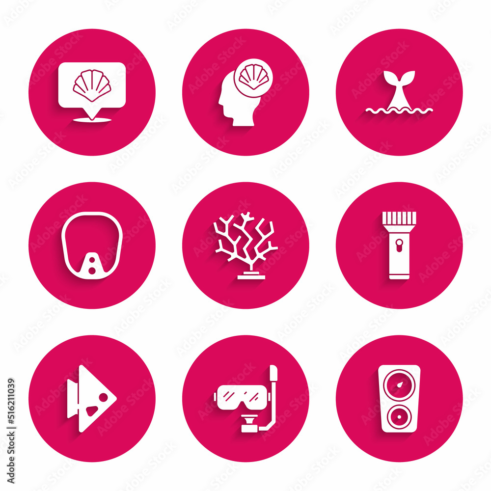 Set Coral, Diving mask and snorkel, Gauge scale, Flashlight, Fish, Whale tail ocean wave and Scallop sea shell icon. Vector Set Coral, Diving mask and snorkel, Gauge scale, Flashlight, Fish, Whale tail ocean wave and Scallop sea shell icon. Vector