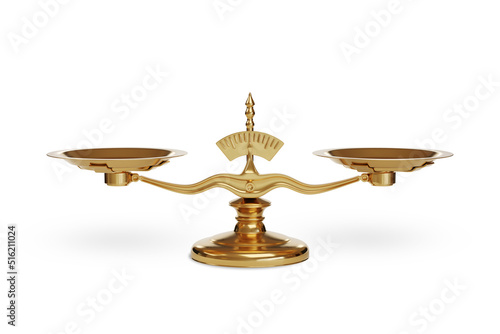Golden balance scales isolated on white background. photo