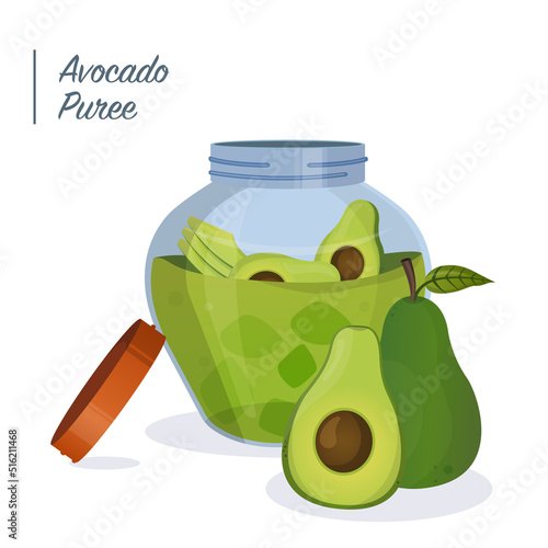 Avocado puree in a jar. Avocado guacamole. Vector food illustration in cartoon style. Breakfast. Vector illustration