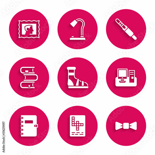 Set Slippers with socks, Crossword, Bow tie, Monitor keyboard, Spiral notebook, Book, Audio jack and Postal stamp icon. Vector