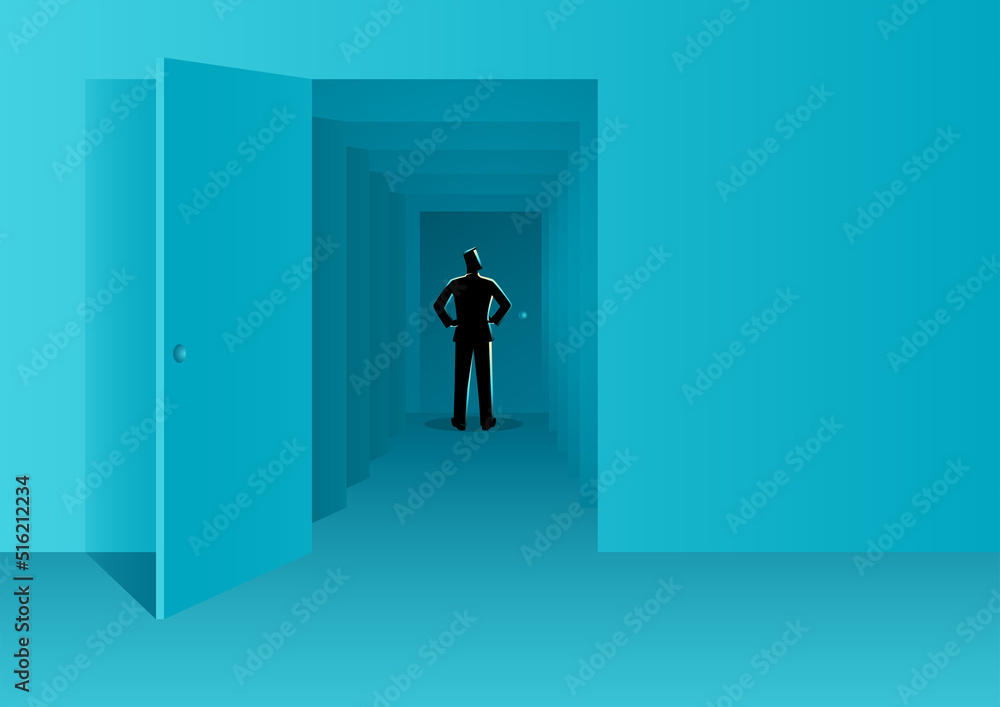 Man standing in front of the last closed door Man standing in front of the last closed door