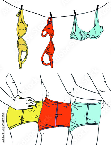   Vector illustration of a row of girls in shorts and bras hanging on a rope