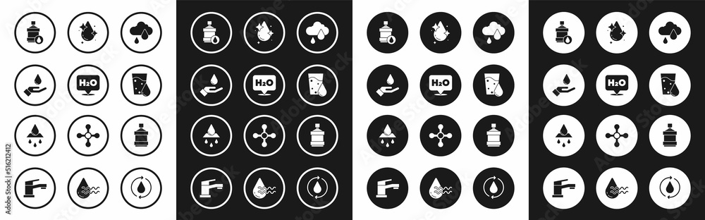 Set Cloud with rain, Chemical formula for H2O, Washing hands soap, Big bottle clean water, Glass, Water drop, and Recycle aqua icon. Vector