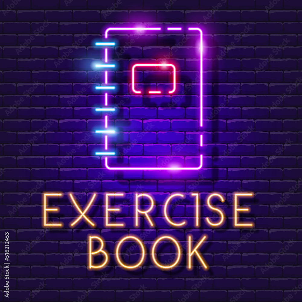 Book vector neon sign. Exercise book banner. Book vector neon sign. Exercise book banner.
