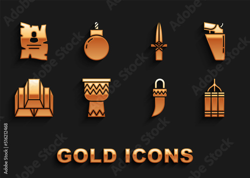 Set Drum, Revolver gun in holster, Dynamite bomb, Tooth, Gold bars, Dagger, Wanted western poster and Bomb ready to explode icon. Vector
