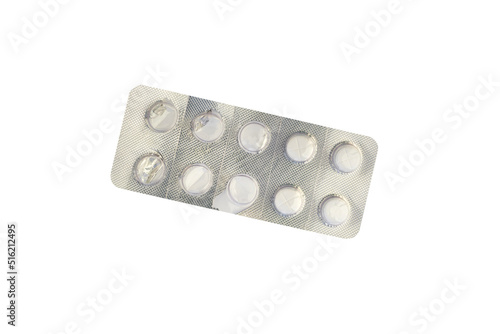 Blister with bright pills isolated on white, top view