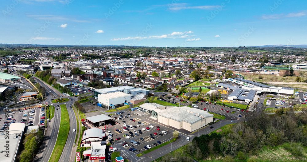 Aerial photo overlooking Seven Towers Leisure Centre IMC Cinema Ballymena KFC Ballymena Town Antrim Northern Ireland 07-07-22