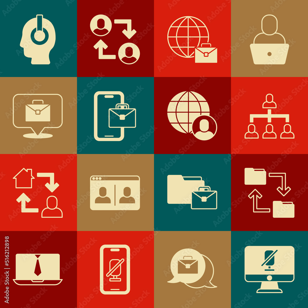 Set Mute microphone on computer, Cloud storage document folder, Hierarchy organogram chart, Online working, Freelancer, and icon. Vector Set Mute microphone on computer, Cloud storage document folder, Hierarchy organogram chart, Online working, Freelancer, and icon. Vector